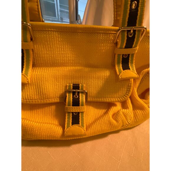 The Sak Lemon Yellow Purse / Handbag w/ Navy & Lime Accent Stripes 7 x 14 in. - Picture 4 of 8